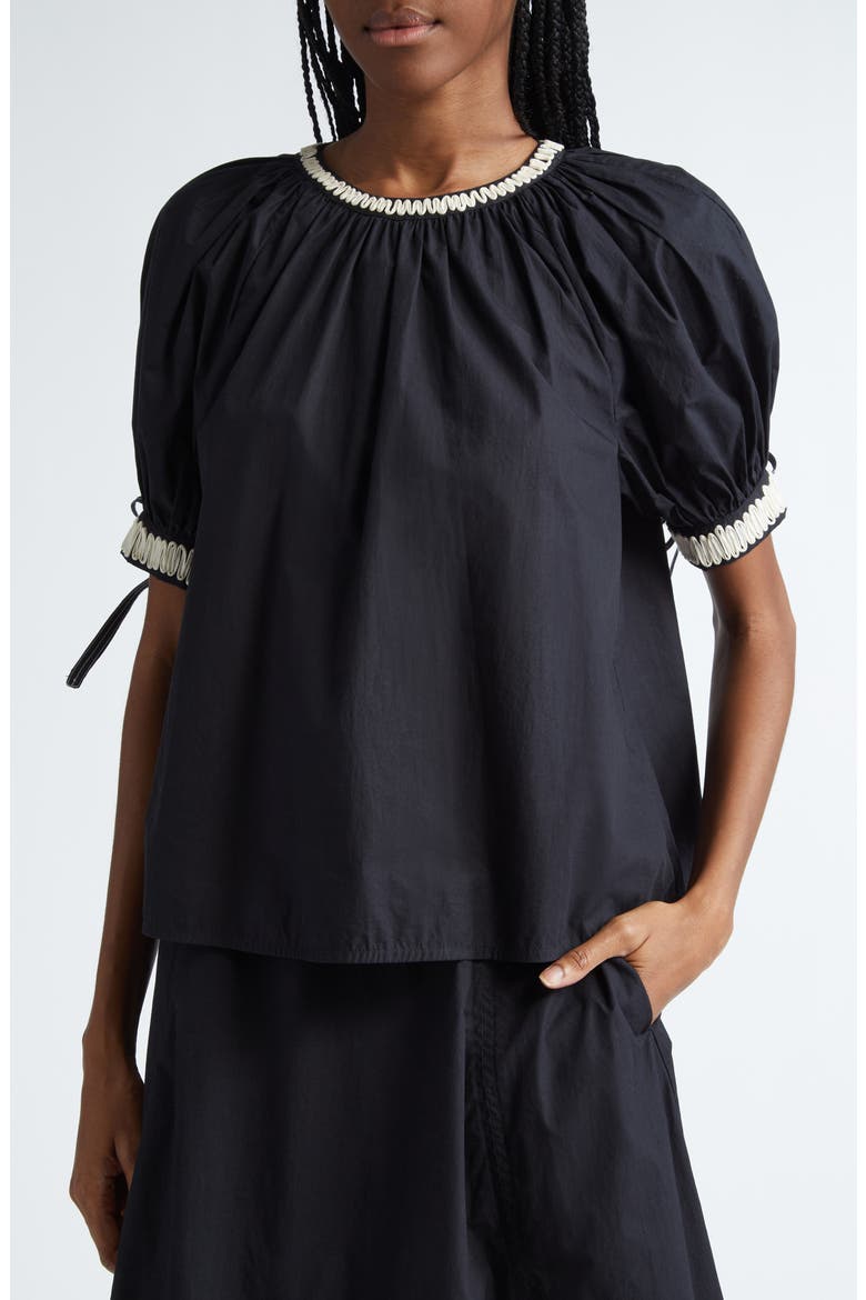 Amara Appliqué Detail Puff Sleeve Cotton Top, Alternate, color, RAVEN