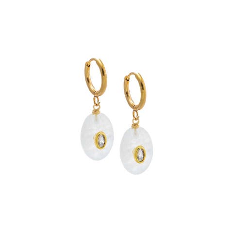 Oval Charm Bezel Natural Stone Drop huggie Earrings