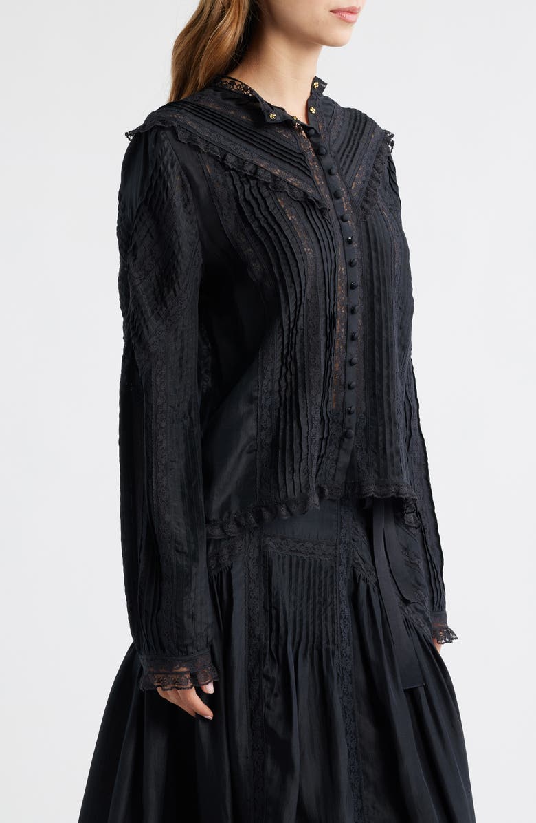 LoveShackFancy Aralina Lace & Ruffle Silk Shirt, Alternate, color, Black