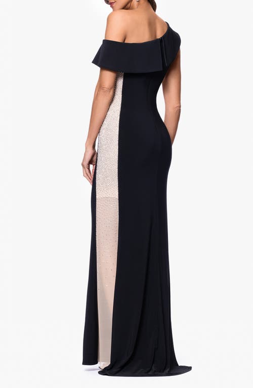 Xscape Evenings Crystal Mesh Detail One-shoulder Sheath Detail In Black/nude/silver