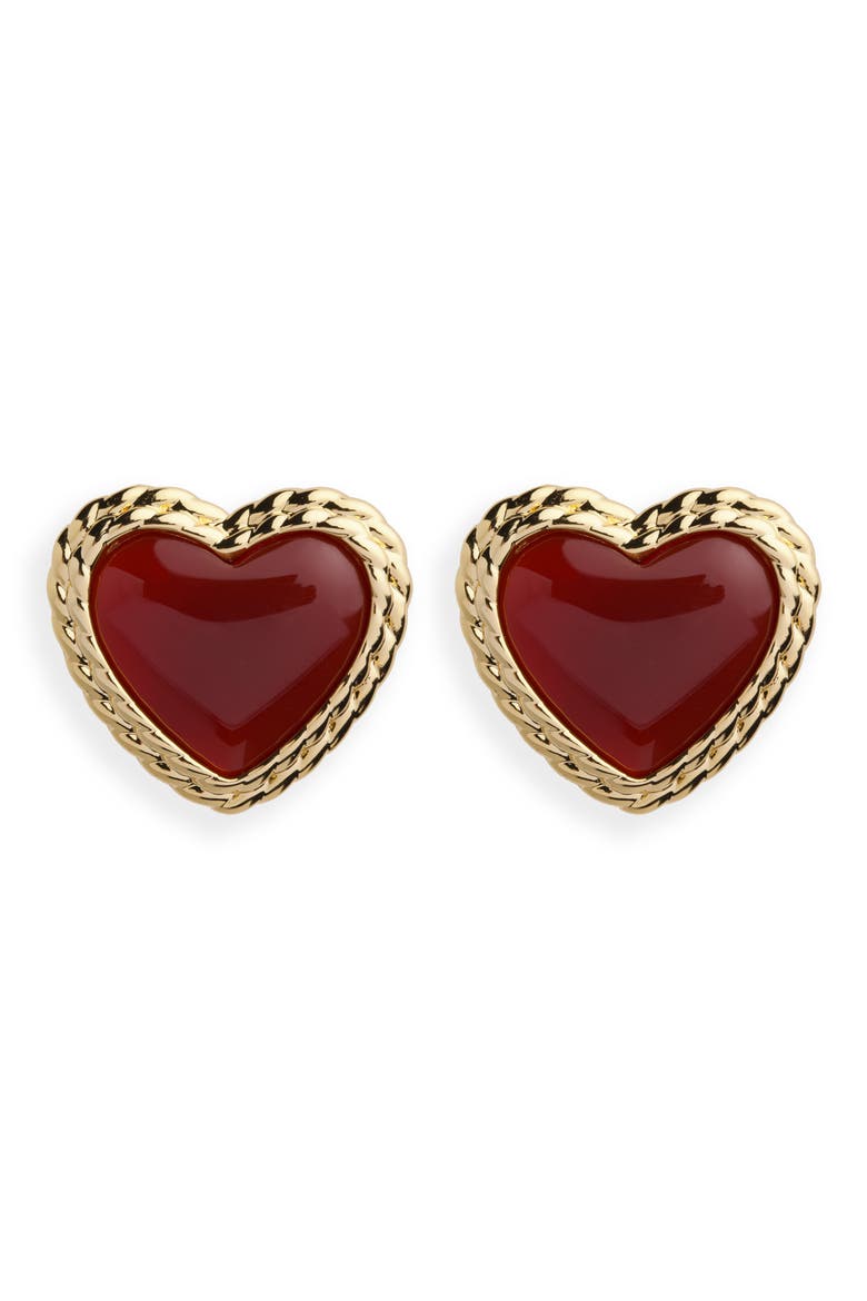 Semiprecious Stone Heart Stud Earrings, Main, color, GOLD/ CARNELLIAN