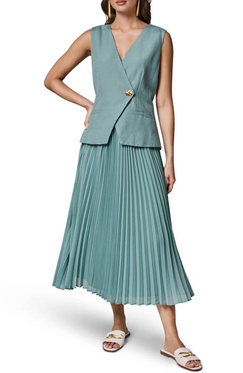 Mixed Media Linen Blend Pleated Midi Dress