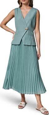 Donna Karan New York Mixed Media Linen Blend Pleated Midi Dress