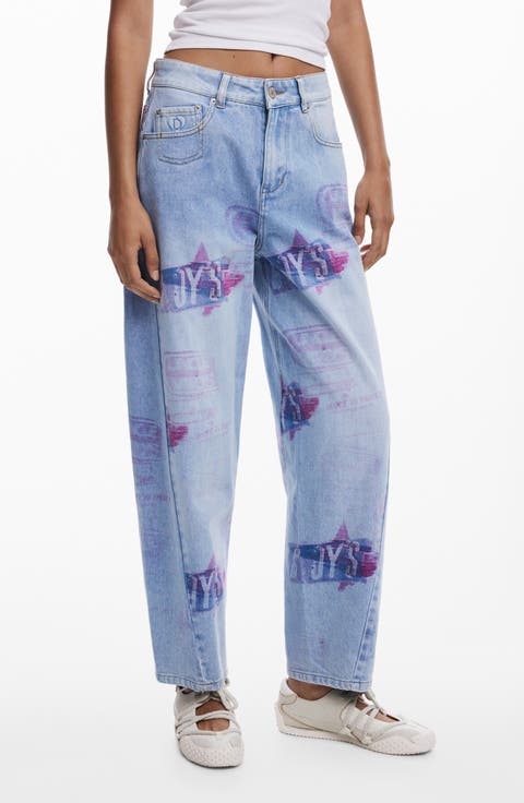 Print Boyfriend Barrel Leg Jeans