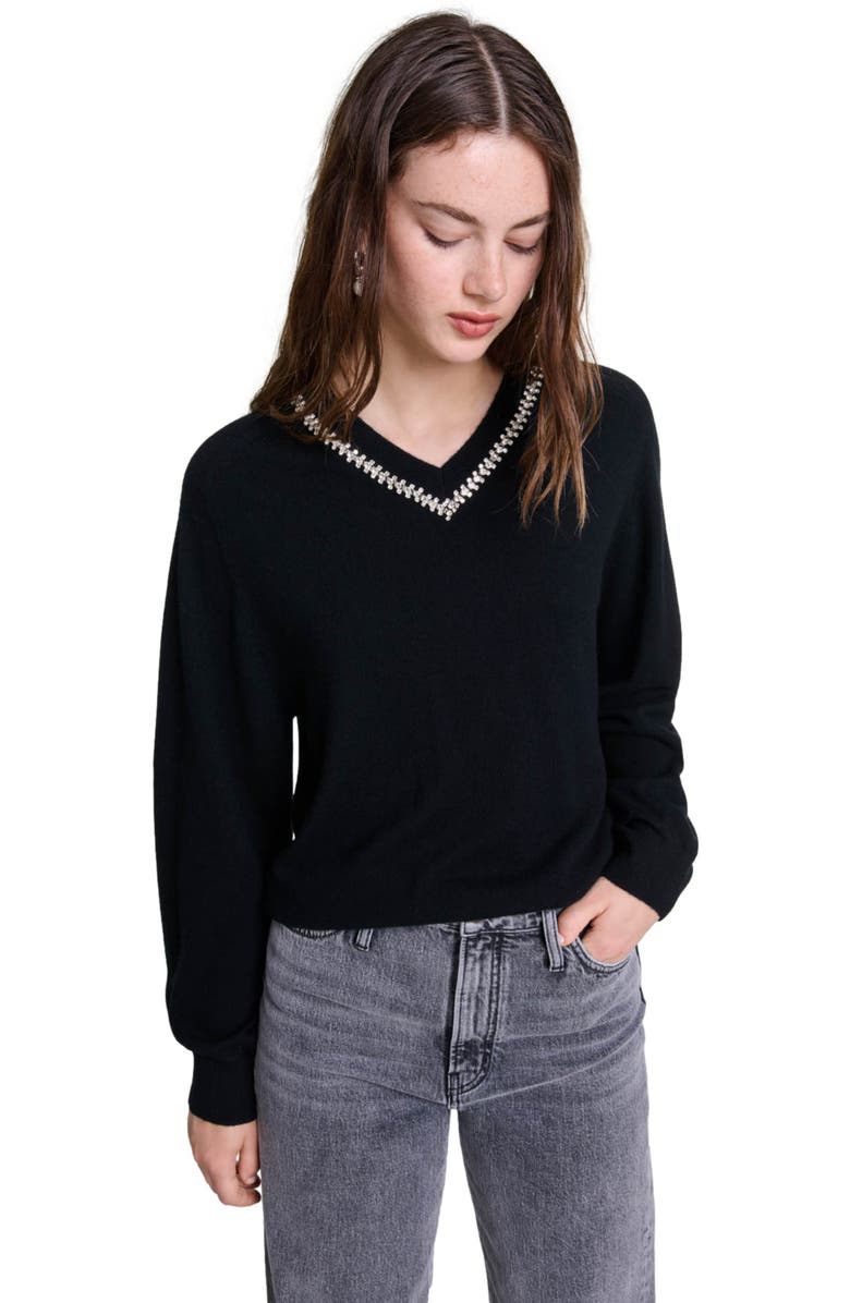 maje Knit sweater with rhinestone neck, Alternate, color, 