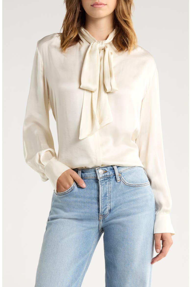 Mabry Tie Neck Long Sleeve Satin Top, Main, color, CREAM