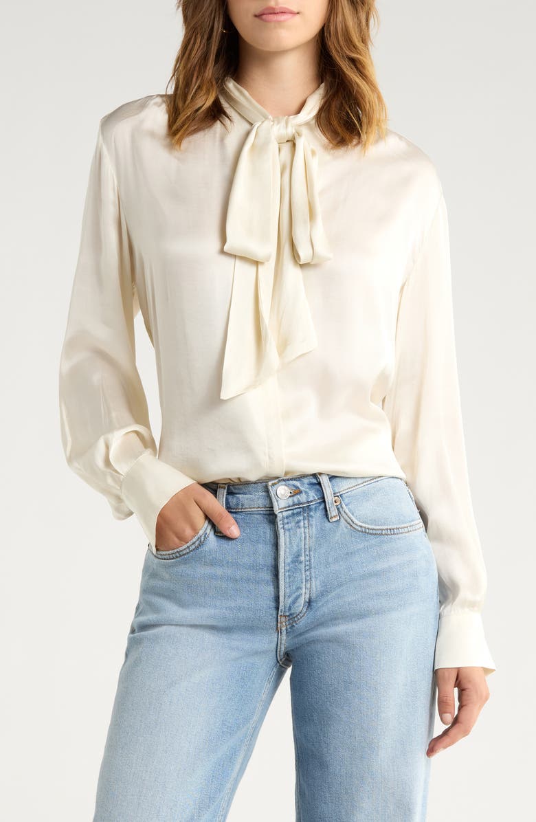ASTR the Label Mabry Tie Neck Long Sleeve Satin Top, Main, color, Cream