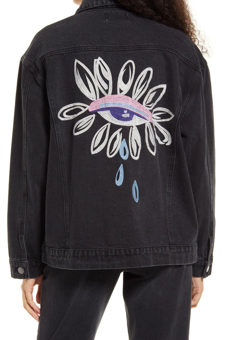 Cristina Martinez Gender Inclusive Oversize Denim Jacket, Alternate, color, BLACK WASH PETAL LASHES