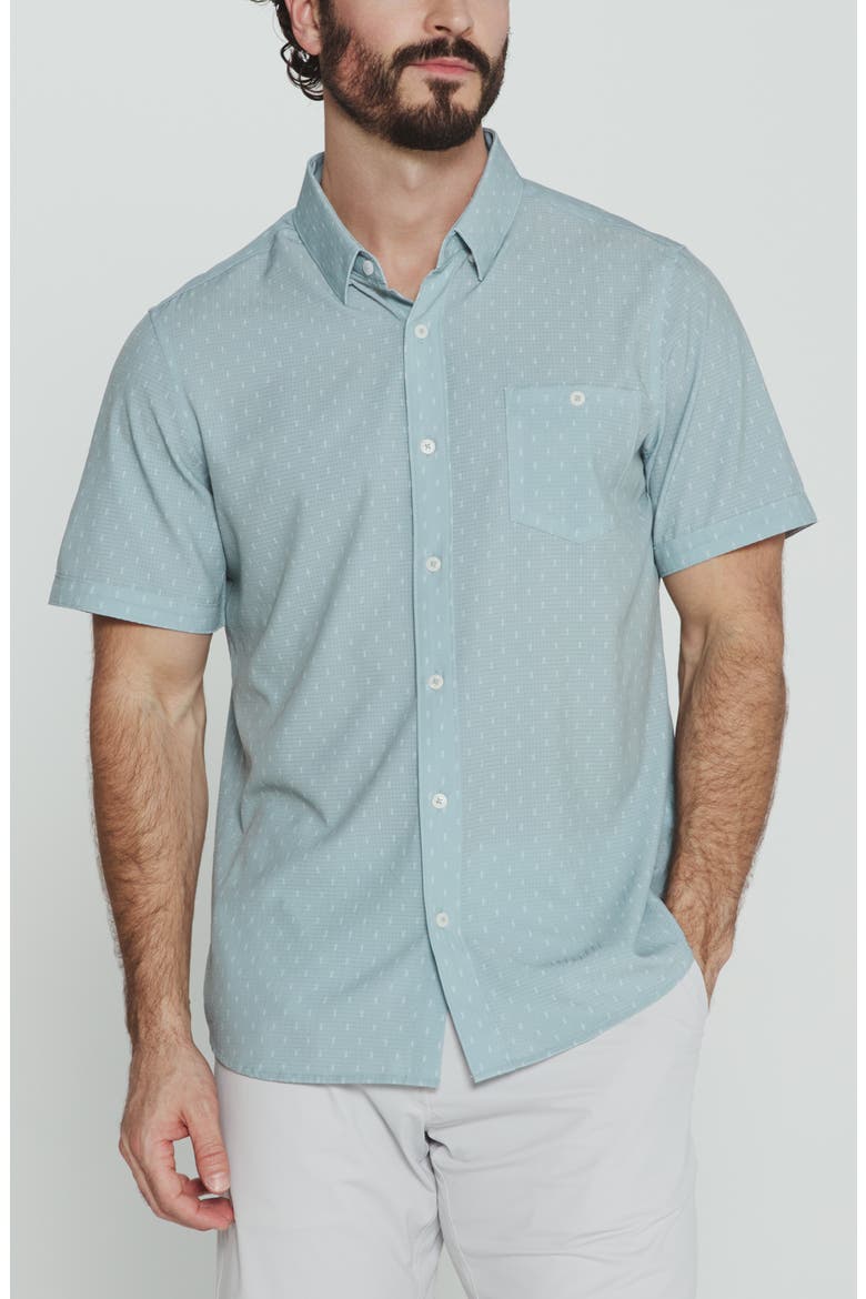 Renzo Textured Geo Pattern Short Sleeve Stretch Button-Up Shirt, Main, color, SEAFOAM