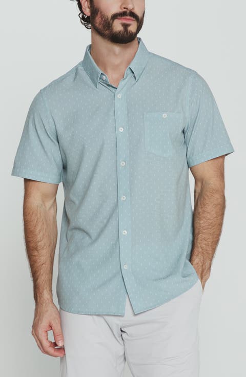 Renzo Textured Geo Pattern Short Sleeve Stretch Button-Up Shirt