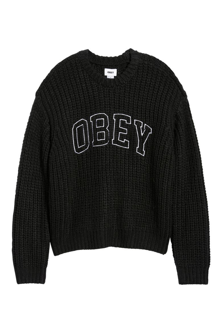 Embroidered Collegiate Logo Ribbed Crewneck Sweater, Alternate, color, BLACK MULTI