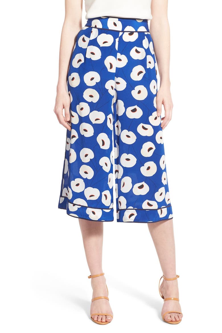 Floral Print Silk Culottes, Main, color, BLUE MAZARINE POPPY
