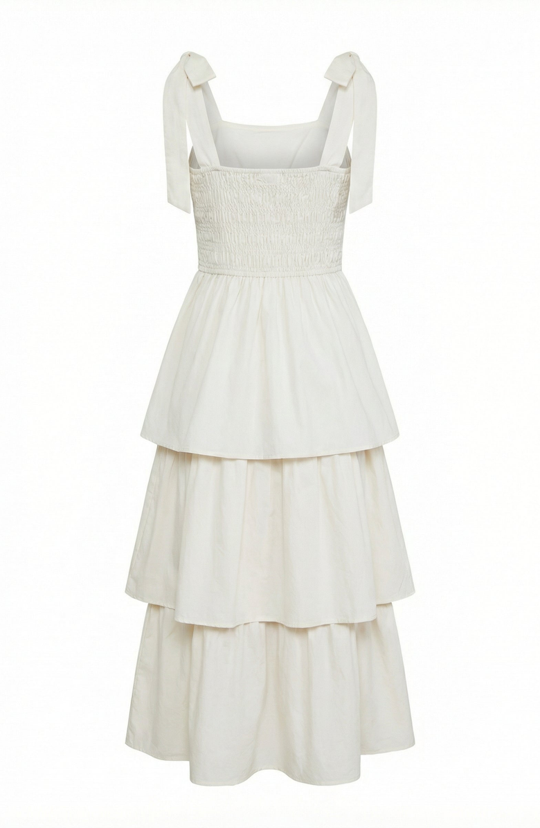 Modenaire Tiered Smocked Bow-Tie Strap Midi Dress, Alternate, color, Cream