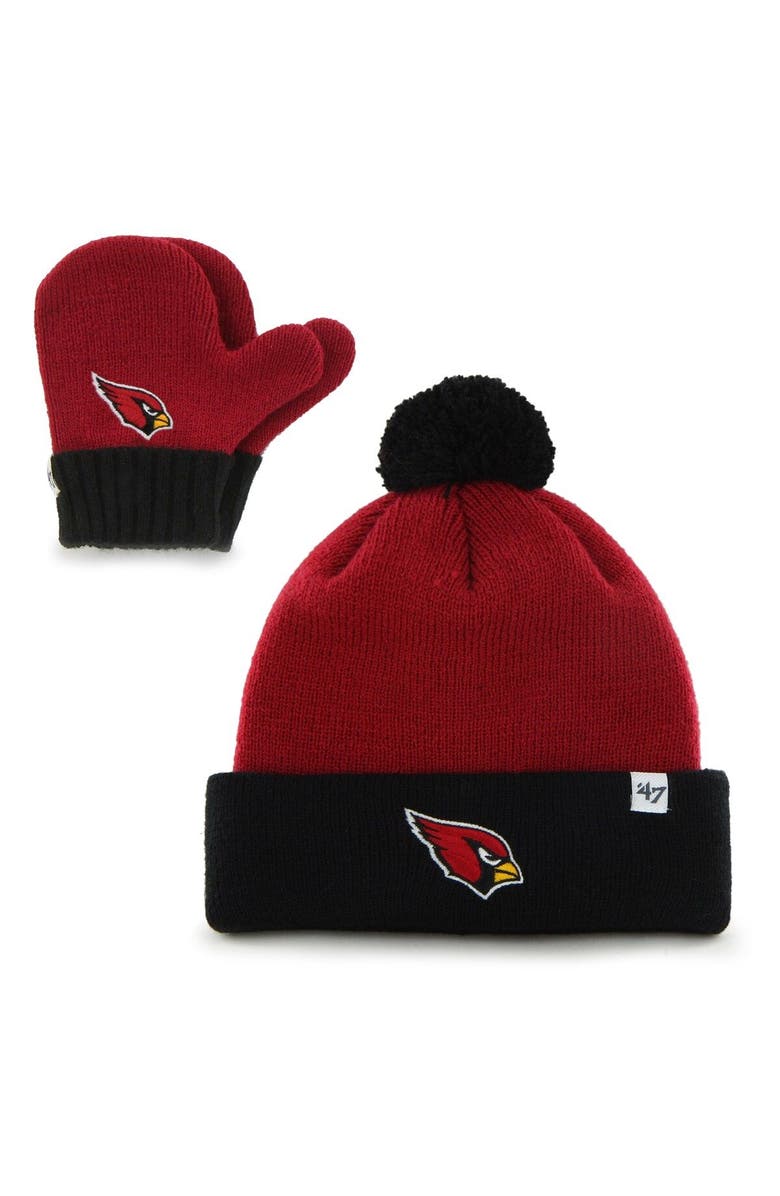 '47 Toddler '47 Cardinal/Black Arizona Cardinals Bam Bam Cuffed Knit Hat with Pom and Mittens Set, Main, color, 