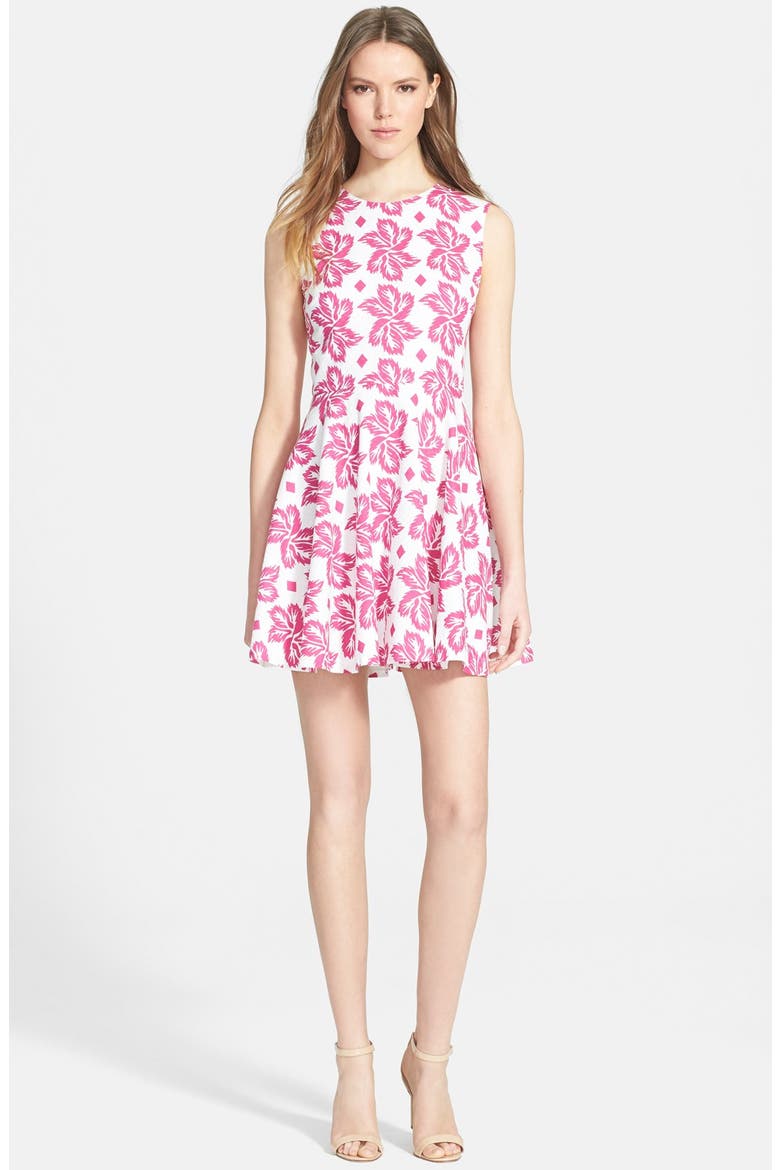 'Jeannie' Print Fit & Flare Dress, Main, color, GIANT LEAF FLORAL PINK
