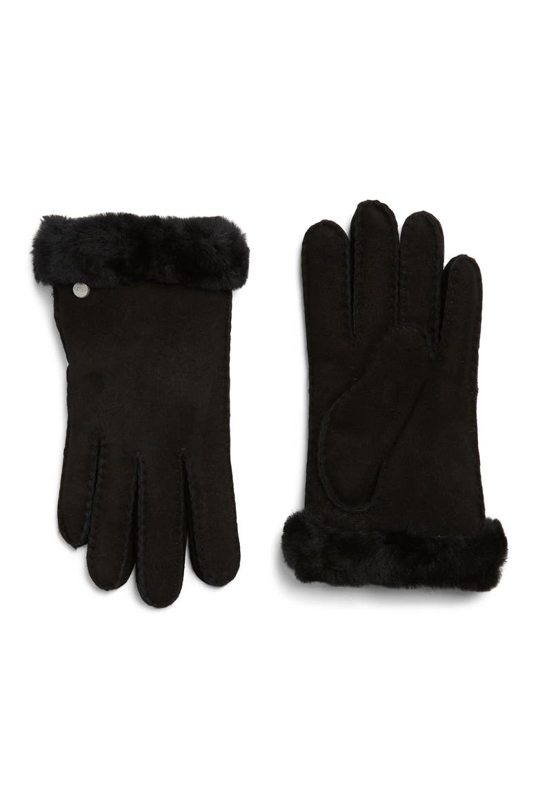 UGG Genuine Dyed Shearling Slim Side Vent Gloves, Main, color, BLACK