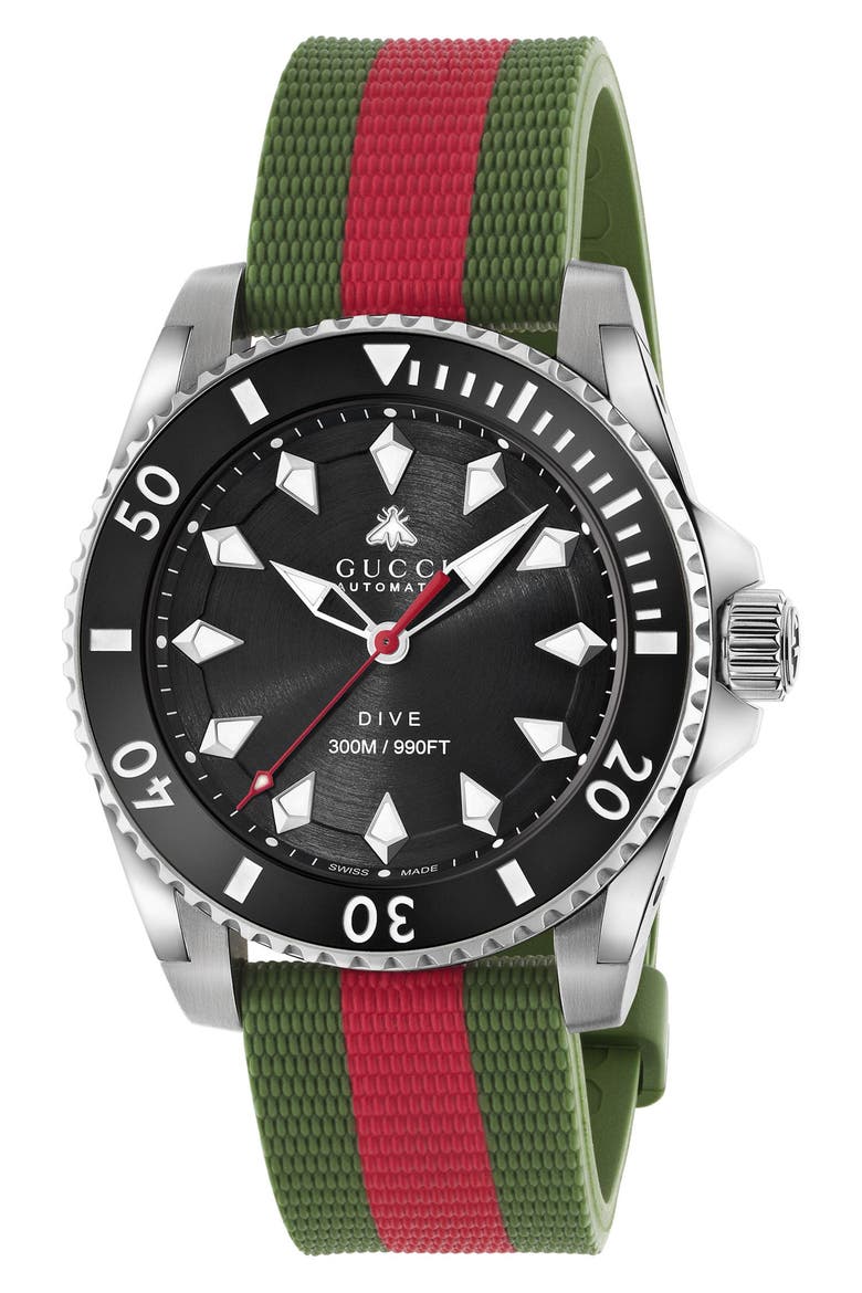 Dive Rubber Strap Watch, 40mm, Main, color, GREEN/ RED/ SILVER