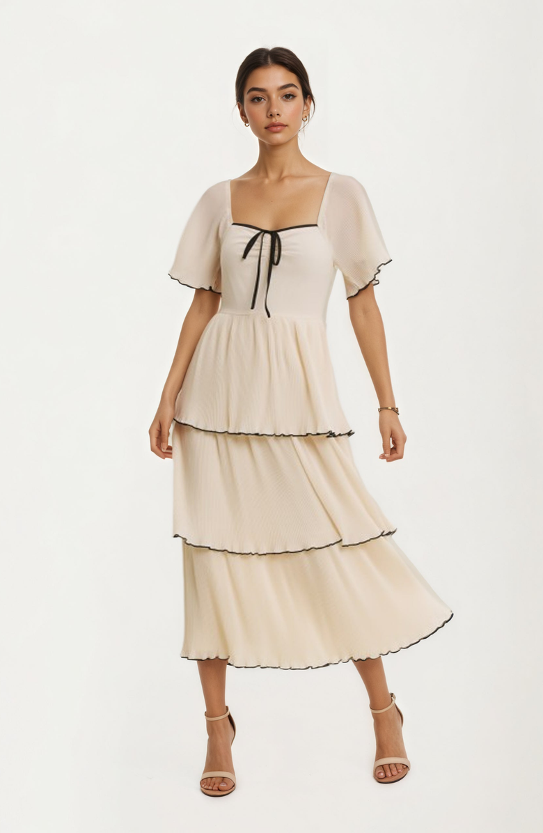 Knit and Lounge Tiered Flutter Sleeve Tie Front Midi Dress, Alternate, color, 