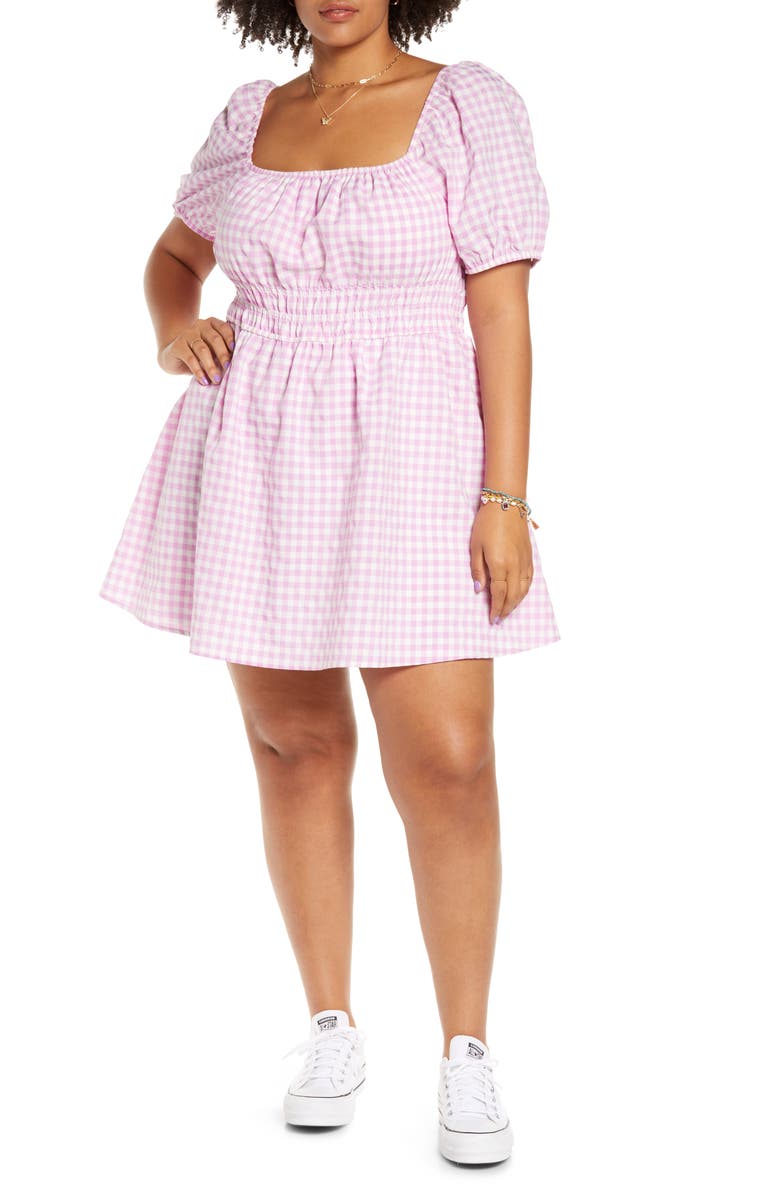 BP. Shirred Gingham Print Puff Sleeve Prairie Dress, Main, color, 
