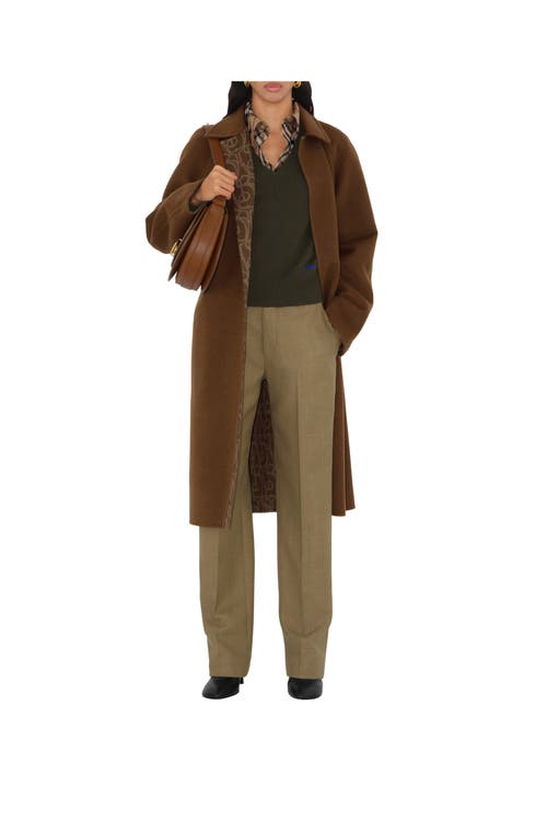 Burberry Wool-cashmere Belted Long Coat With Monogram Interior In Tor/canvas