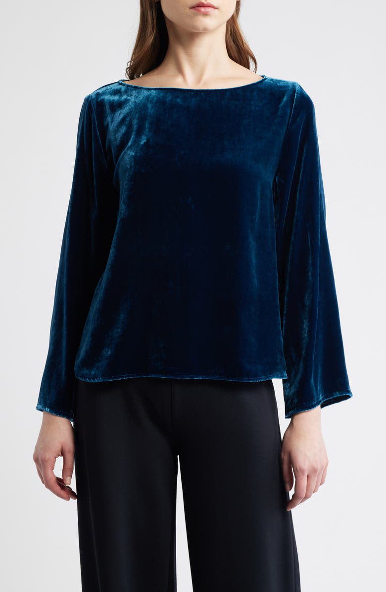 Eileen Fisher Ballet Neck Flare Sleeve Velvet Top, Main, color, Atlantis