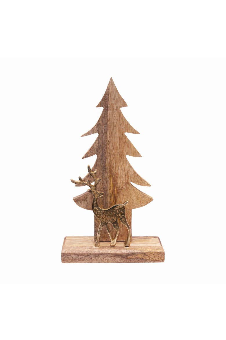 Wood/Gold Tree & Deer Decorative Figurine, Main, color, Brown