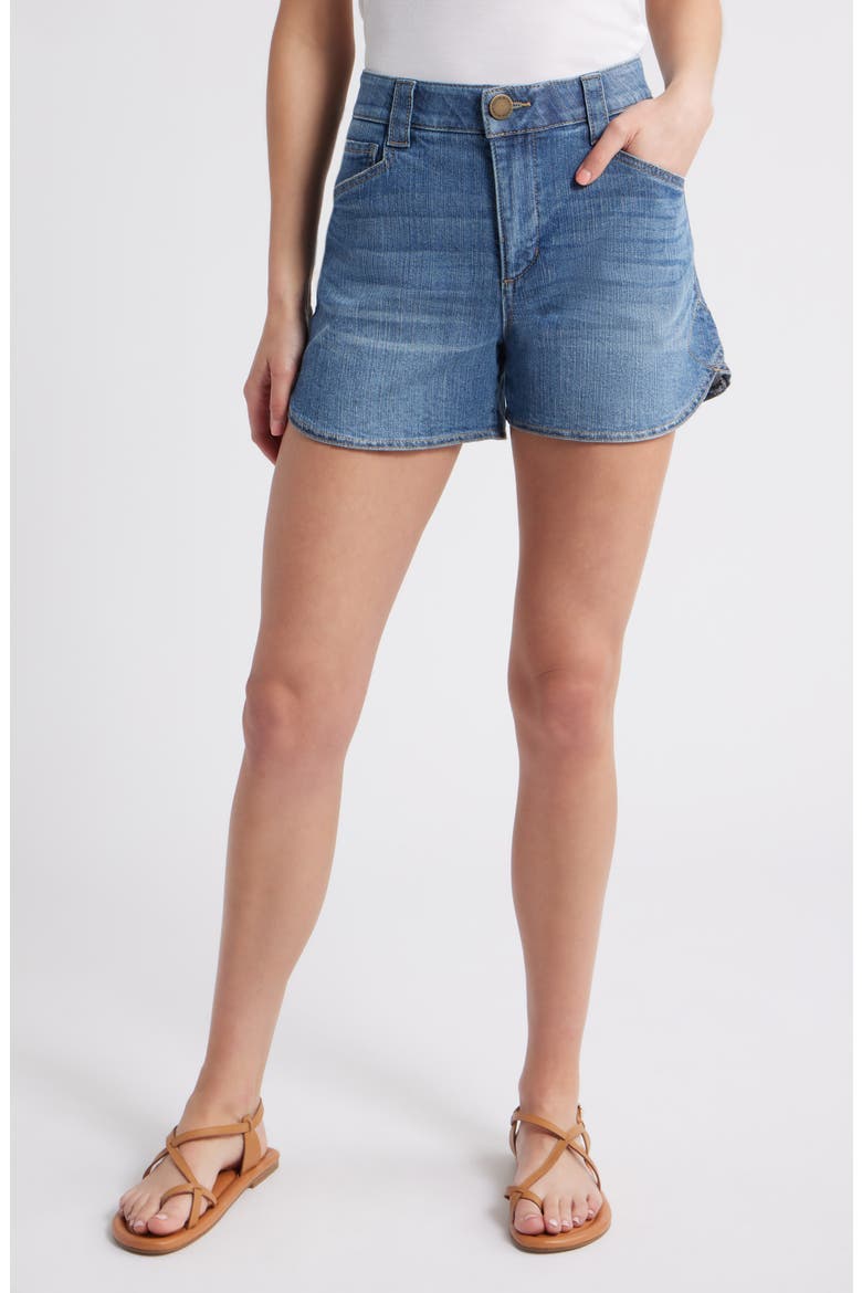 Skyrise Dolphin Hem Denim Shorts, Main, color, MID BLUE ARTISANAL