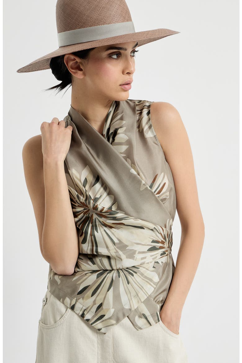 Bloom print pongee vest, Alternate, color, Khaki