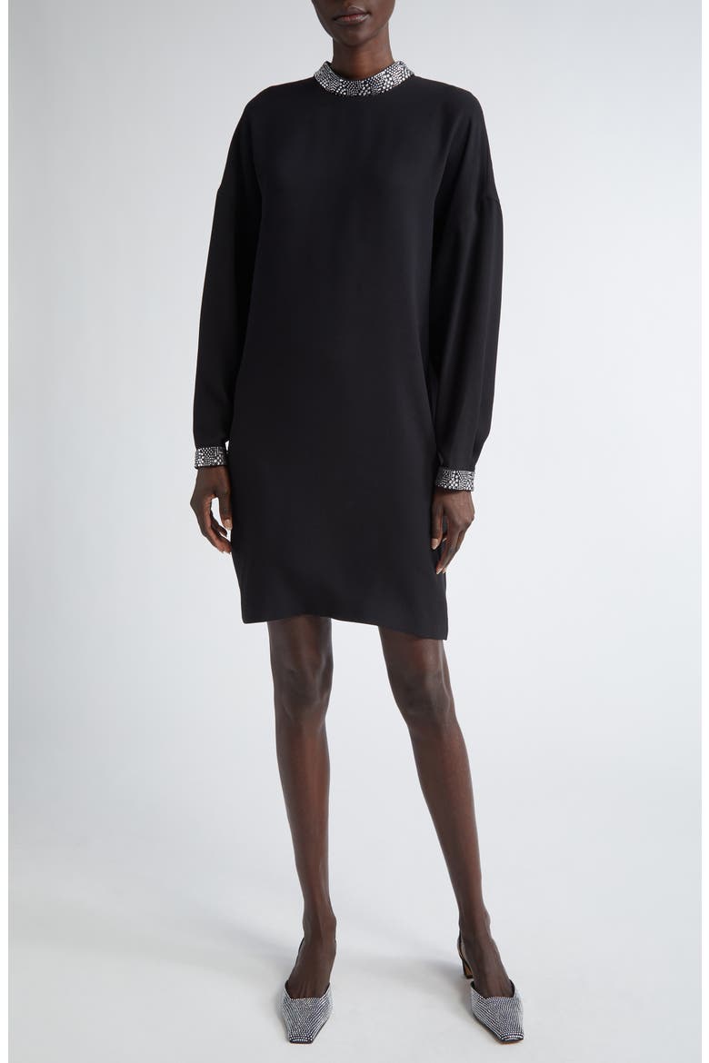 Satin Trim Long Sleeve Dress, Main, color, BLACK