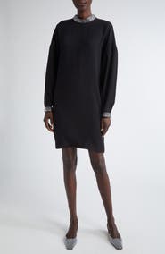 ST. JOHN Satin Trim Long Sleeve Dress