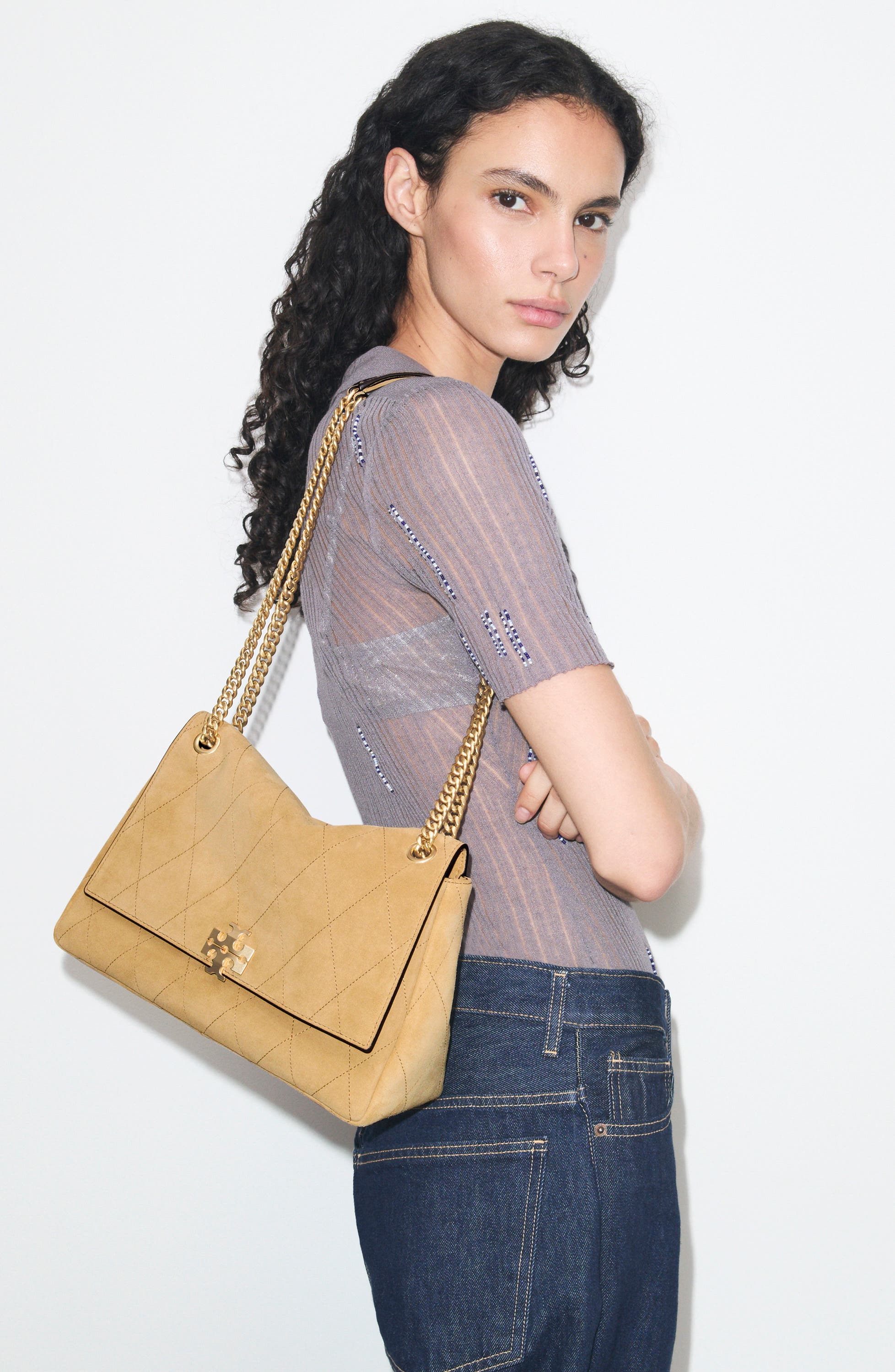Charlie Quilted Suede Shoulder Bag, Alternate, color, STONE