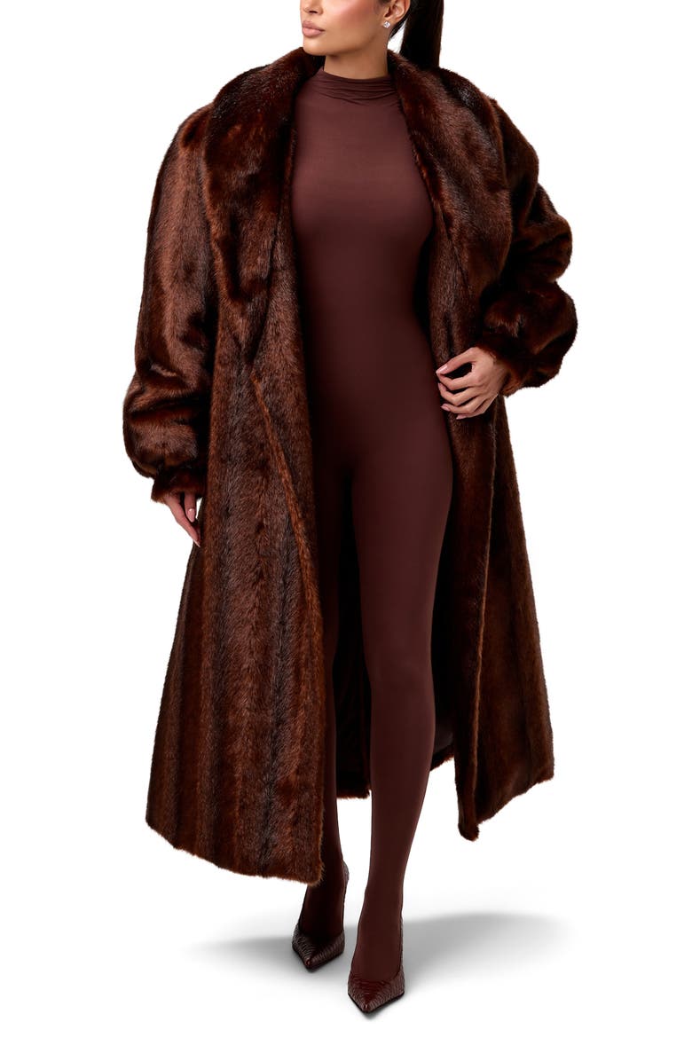 Naked Wardrobe Longline Faux Fur Coat, Alternate, color, Chocolate