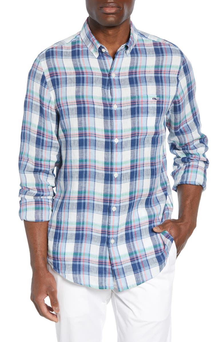 vineyard vines Tucker Classic Fit Plaid Linen Shirt, Main, color,