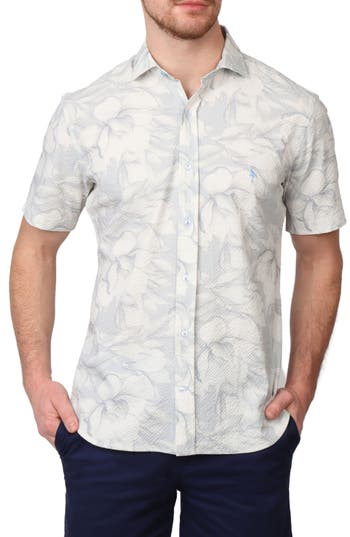Tailorbyrd Floral Print Seersucker Short Sleeve Shirt In White