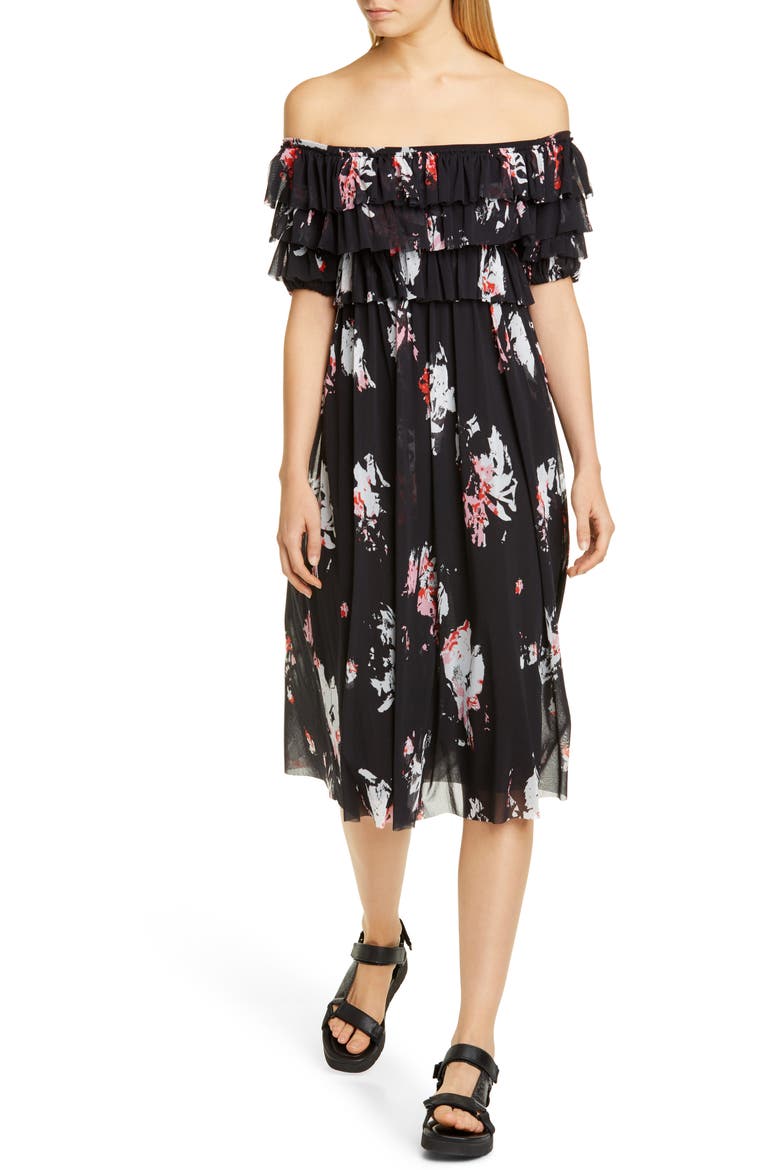 Ruffle Floral Print Off the Shoulder Tulle Dress, Main, color, NERO