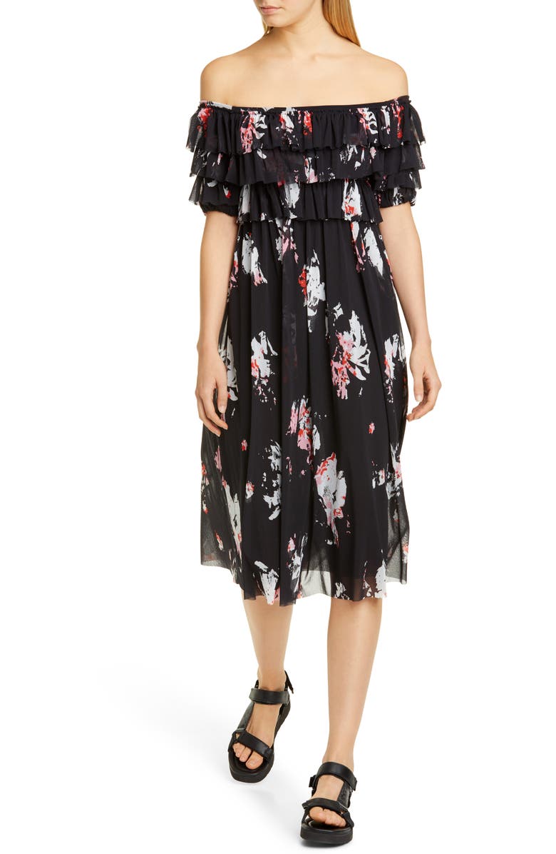 Fuzzi Ruffle Floral Print Off the Shoulder Tulle Dress, Main, color, 