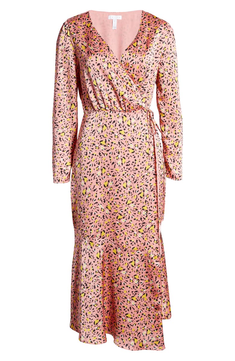 Leith Pink Leopard Print Long Sleeve Satin Midi Wrap Dress, Alternate, color, 