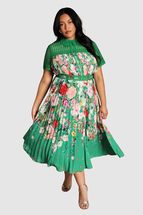 Plus Lace Pleated Floral Midi Dress