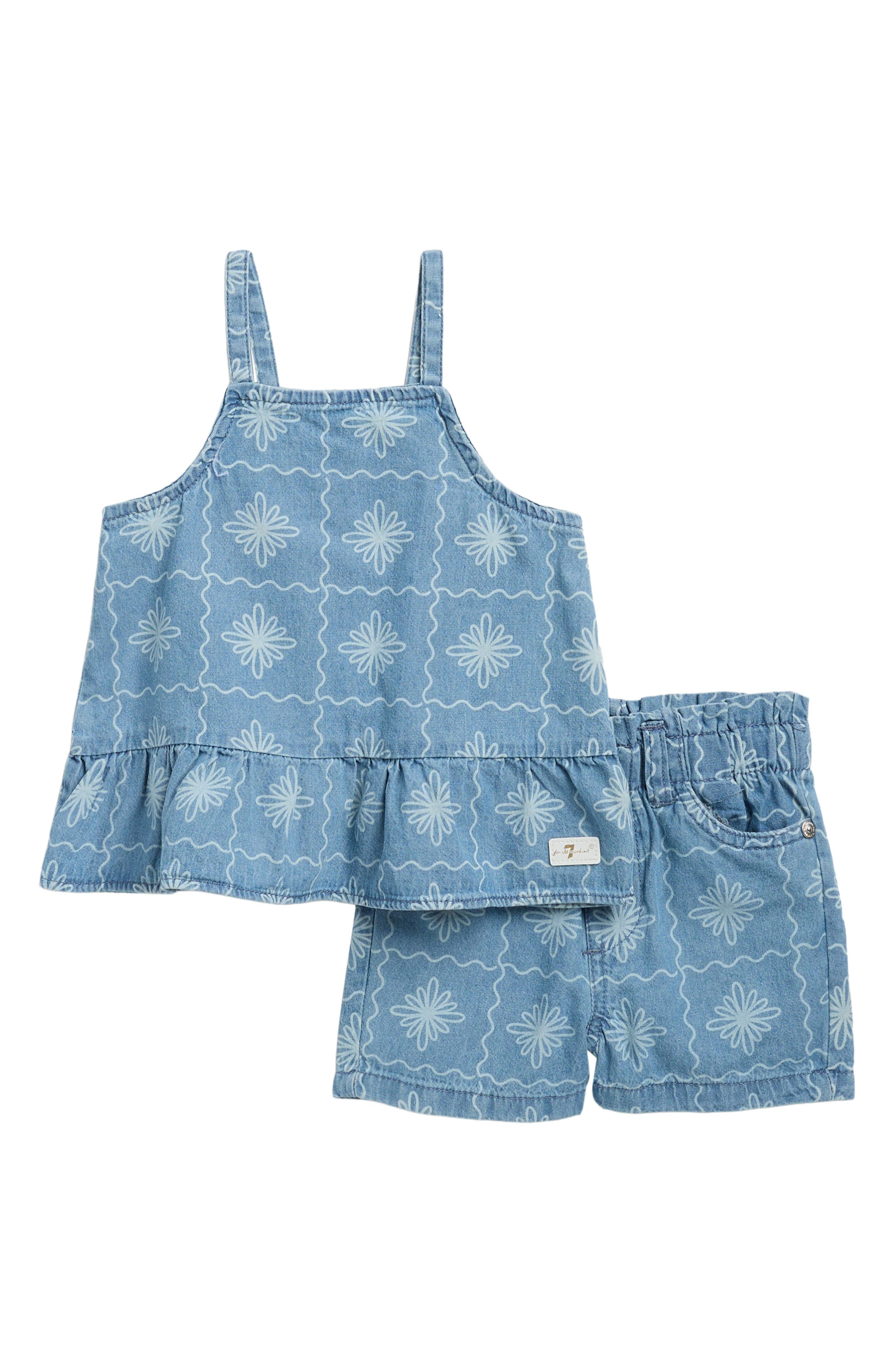 7 For All Mankind Denim Ruffle Tank & Shorts Set
