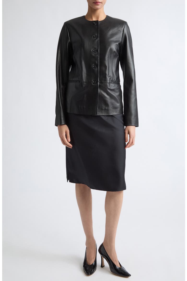 Adea Collarless Lambskin Leather Jacket, Alternate, color, BLACK