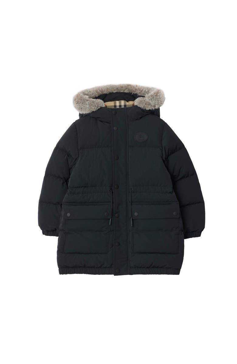 Burberry Faux Fur Trim Nylon Puffer Coat, Main, color, Black