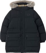 Burberry Faux Fur Trim Nylon Puffer Coat