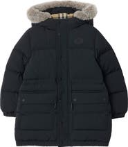 Burberry Faux Fur Trim Nylon Puffer Coat