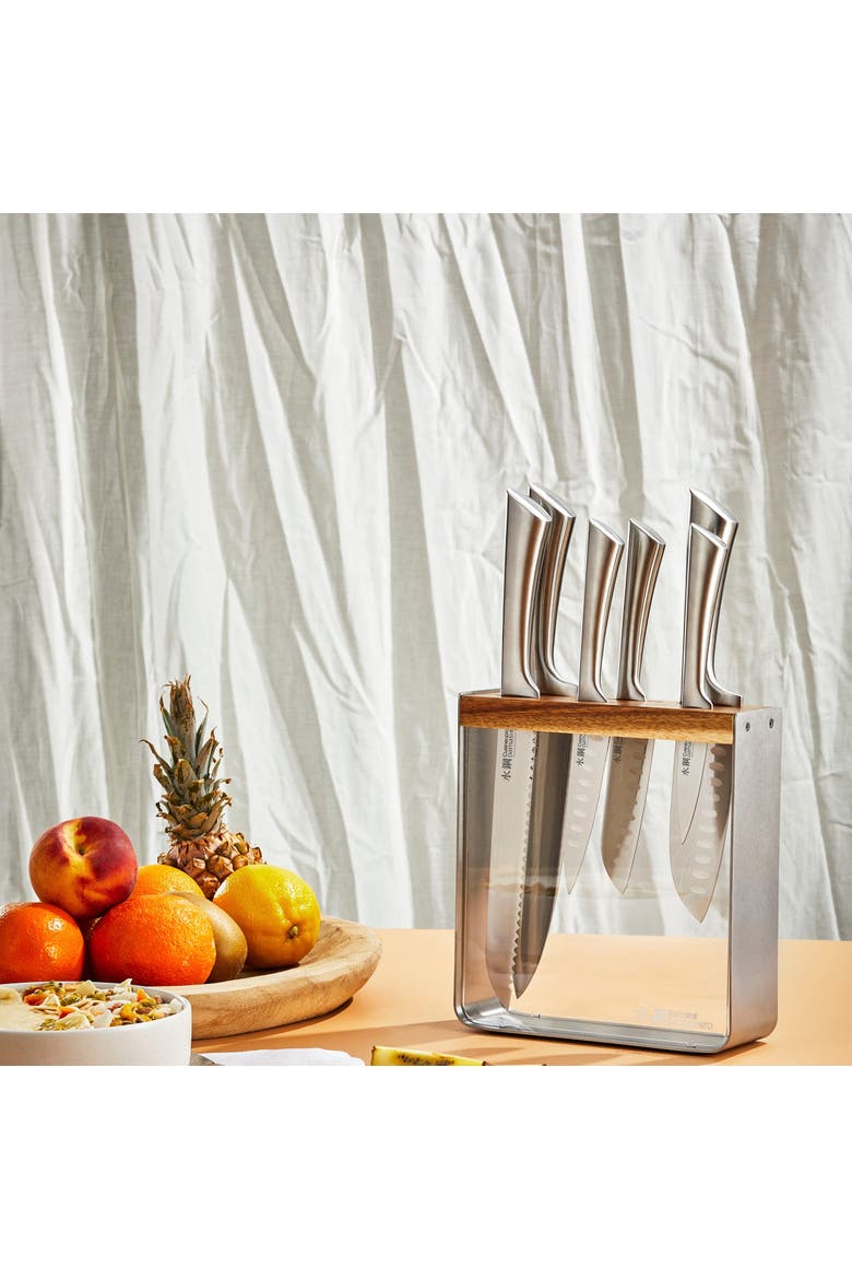 Damashiro® Kinzoku 7-Piece Knife Block + 4 Bonus Steak Knives, Alternate, color, Silver, Wood