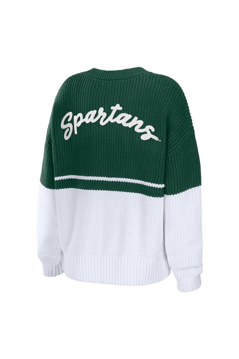 Women's WEAR by Erin Andrews Green/White Michigan State Spartans Boucle Jacquard Patch Chunky Sweater, Alternate, color, Hunter Green