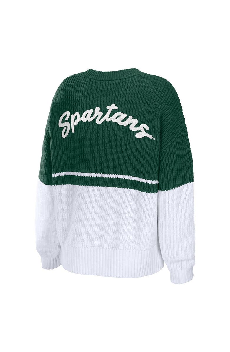 WEAR by Erin Andrews Women's WEAR by Erin Andrews Green/White Michigan State Spartans Boucle Jacquard Patch Chunky Sweater, Alternate, color, 