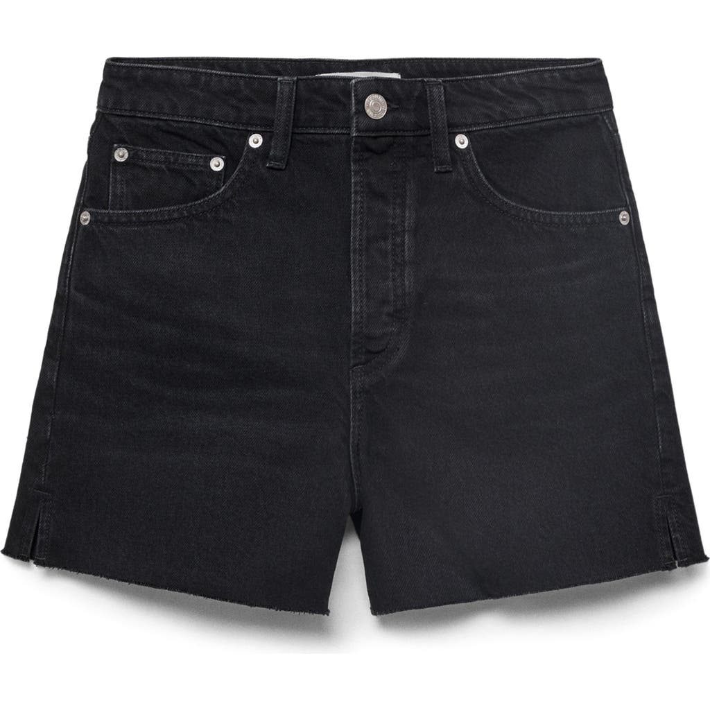 Mango Button Fly Fray Hem Denim Shorts In Black