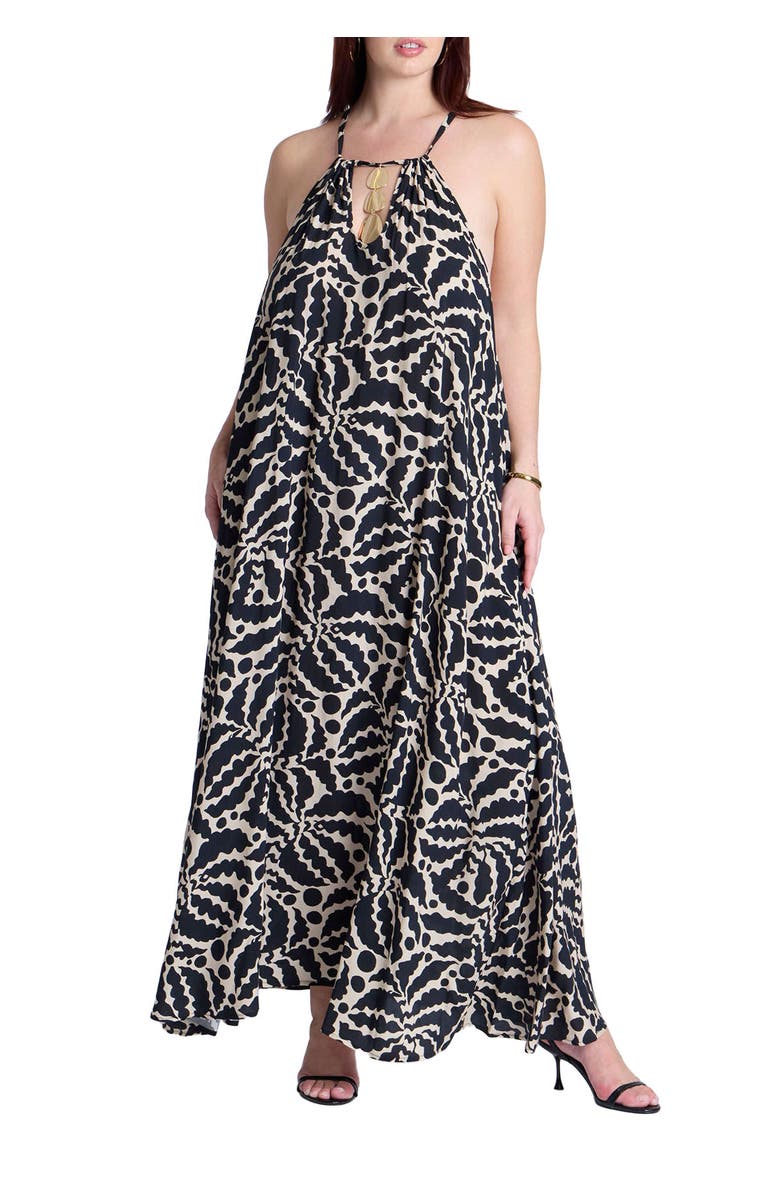 ELOQUII Hardware Detail Trapeze Maxi Dress, Main, color, Crinkle Cut Fauna