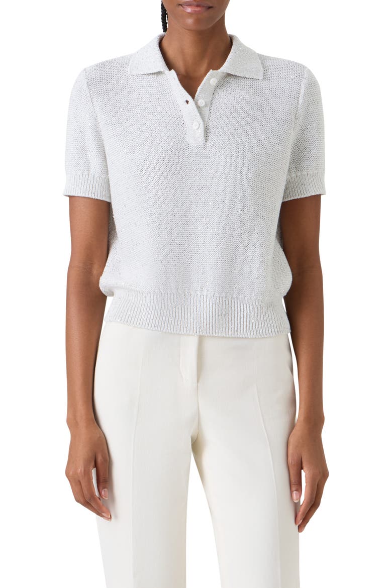 Sequin Linen & Cotton Blend Polo Sweater, Main, color, ECRU