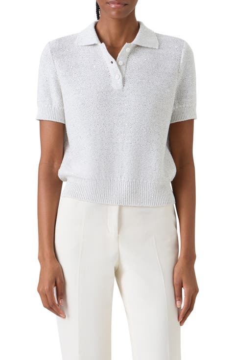 Sequin Linen & Cotton Blend Polo Sweater